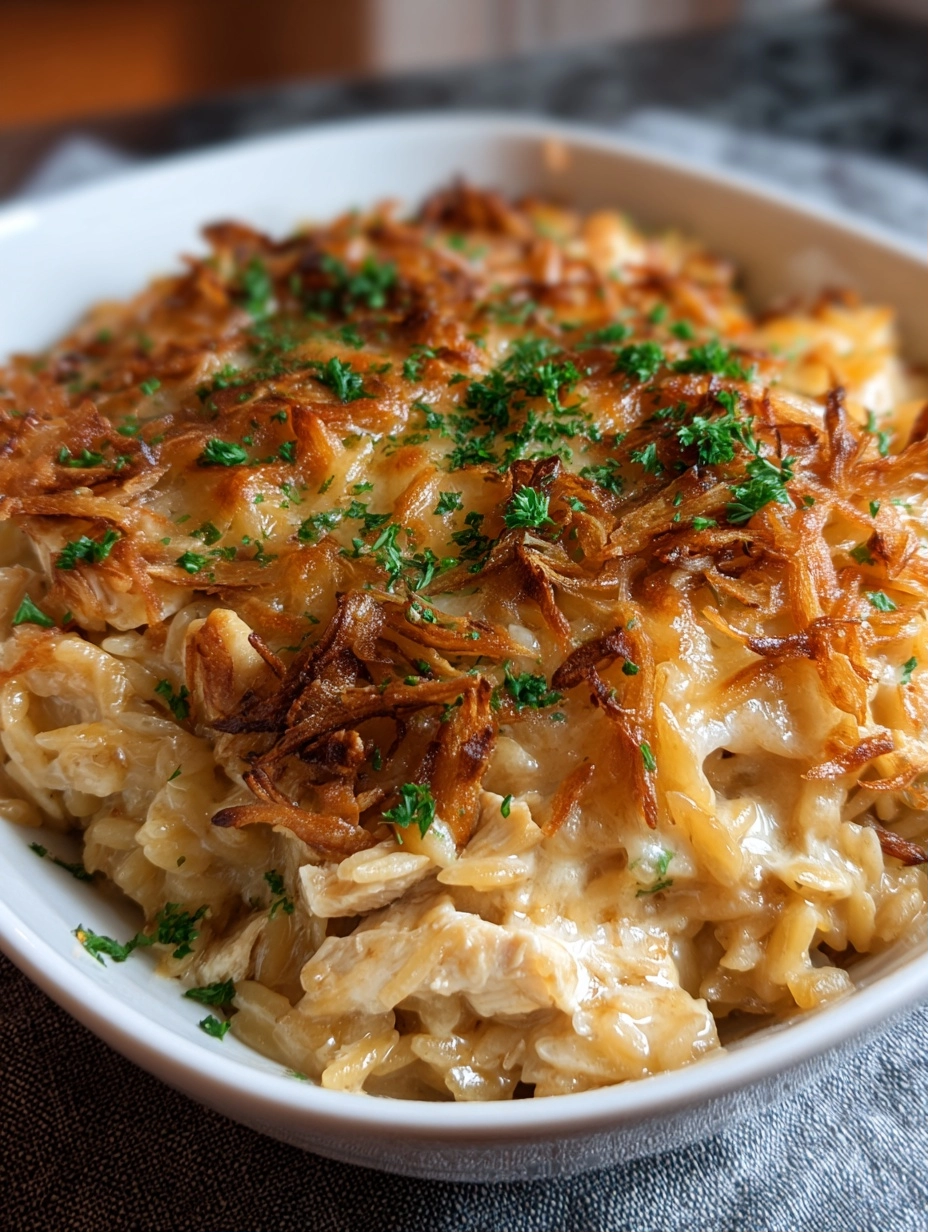 French Onion Chicken Orzo Casserole
