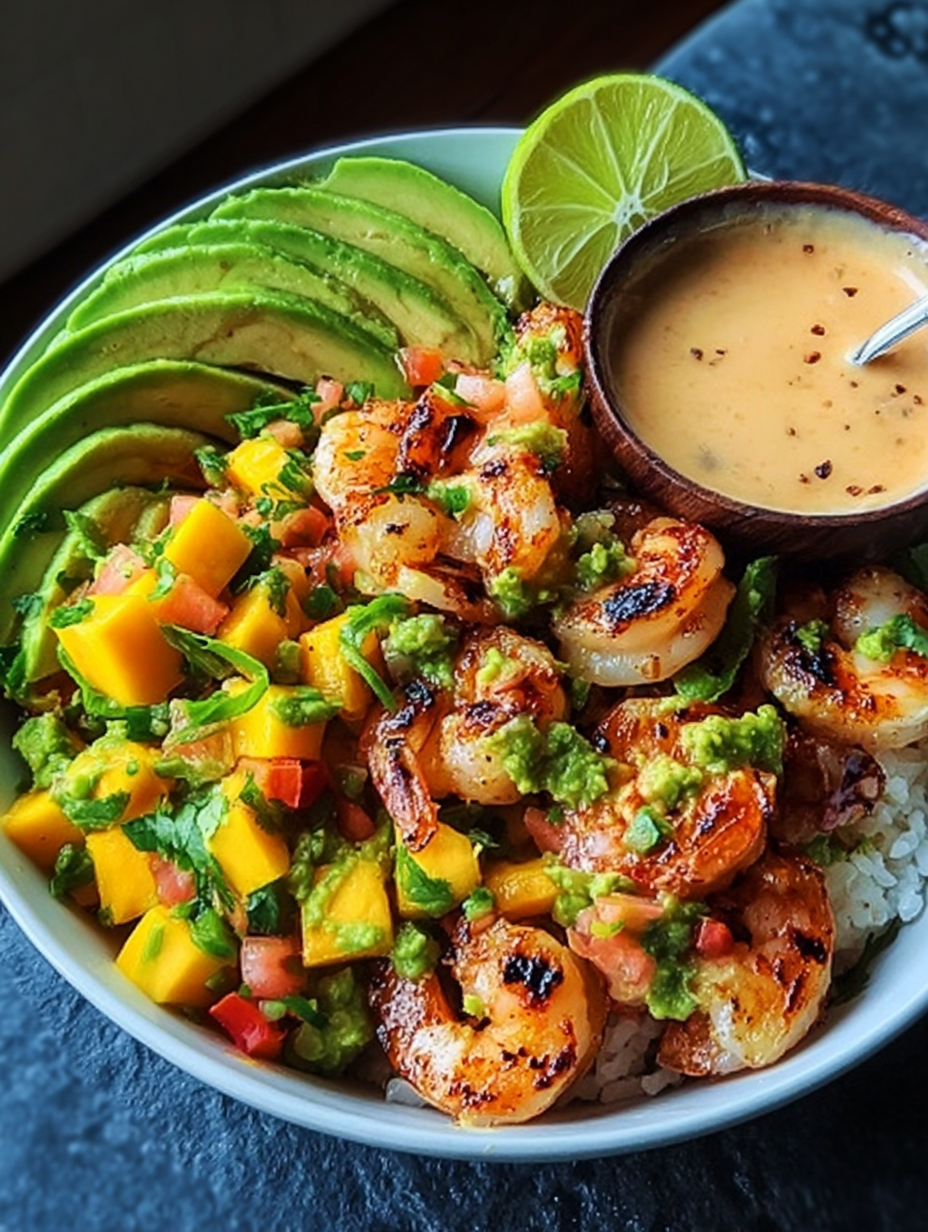 Shrimp and Avocado Bowls with Mango Salsa & Lime-Chili Sauce